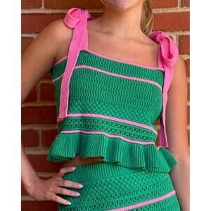 NEW DAY + MOON crochet knit cropped sweater tank in green / pink